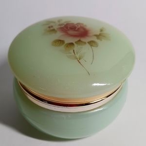 Genuine Alabaster Round Trinket Box w/ Rose Design Gold Tone Hinge Top Italy